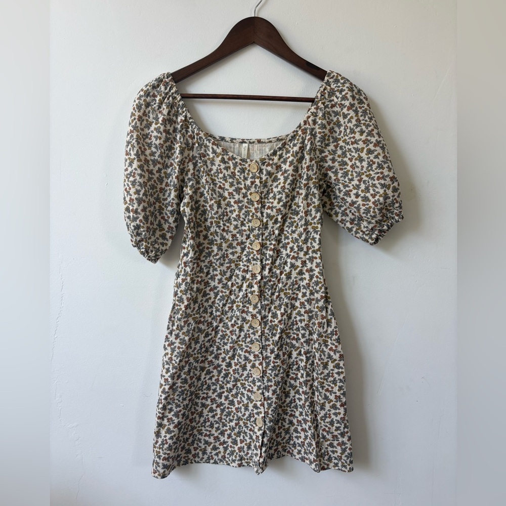 Rylee + Cru Cream Floral Midi Dress with Puff Sleeves